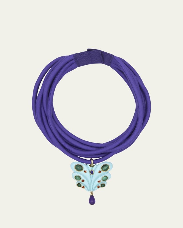 Resin Butterfly Silk Cord Necklace with Malachite, Amethyst and Lapis Lazuli